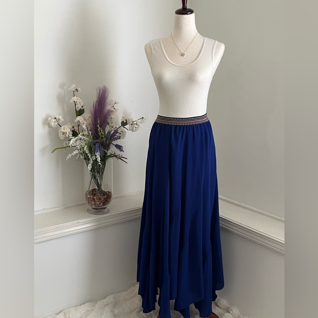 Brand Label Flowy Fairy Boho Royal Blue Handkerchief Maxi Skirt